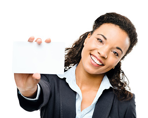 Image showing Portrait, business card or mockup of worker woman logo, about us branding or advertising marketing space. Contact us, information or mock up on paper for corporate smile on isolated white background