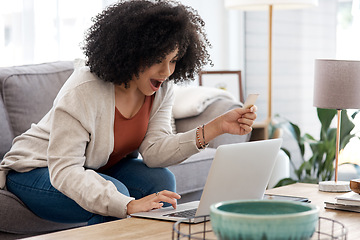 Image showing Wow, laptop and a woman with credit card for online shopping, sale and product discount. Surprise, happy and a young girl with shock about ecommerce, service payment and banking on a computer at home