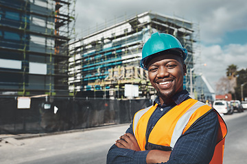 Image showing Construction, engineer and happy portrait of a black man outdoor at building site for development and architecture. Male contractor smile for project management, engineering and safety inspection