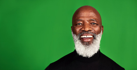 Image showing Happy, space and portrait of black man on green screen for confident, fashion and elegant style. Happiness, smile and senior with face of male model isolated on studio background for pride and mockup