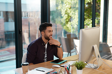 Image showing Designer, computer and a man working and thinking at desk for online research or creative work. Happy male entrepreneur person with internet connection for business project, reading email or review