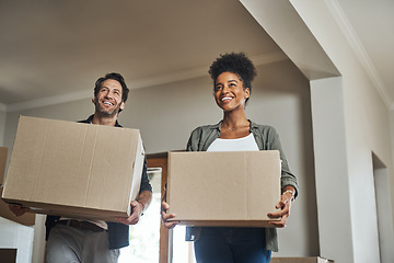 Image showing Happy couple, real estate and boxes in new home for relocation, renovation or investment together. Excited man and black woman apartment owner carrying box in house, moving in property or mortgage