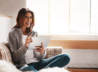 Image showing Idea, tablet and credit card with a woman online shopping while sitting on a sofa in the living room at home. Ecommerce, finance and online banking with a young female customer thinking in her house