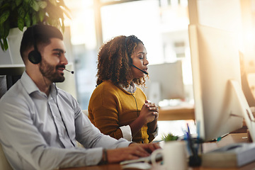 Image showing Coworking, consultant or woman in call center consulting, talking or speaking at customer services. Virtual assistant, agents or sales person speaking in telemarketing or telecom company help desk