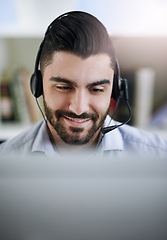 Image showing Communication, face or happy man in call center consulting, speaking or talking at customer services. Virtual assistant, friendly or sales consultant in telemarketing or telecom company help desk