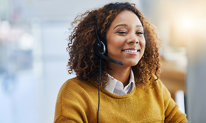 Image showing Virtual assistant, crm or friendly woman in call center consulting, speaking or talking at customer services. Contact us, happy smile or sales consultant in telemarketing or telecom company help desk