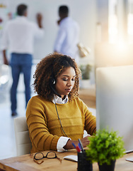 Image showing Virtual assistant, crm or woman typing in call center consulting online at customer services help desk. Chat, computer or biracial girl consultant in telemarketing or telecom company agency in office