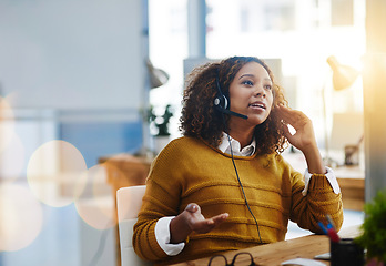 Image showing Talking, crm or woman in call center consulting, speaking or explaining at customer services. Virtual assistant, contact us or biracial sales consultant in telemarketing or telecom company help desk