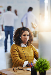 Image showing Virtual assistant, computer or woman typing in call center consulting online at customer services help desk. Chat, crm agent or biracial girl consultant in telemarketing or telecom company in office