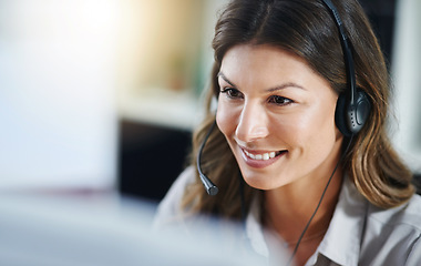 Image showing Communication, face or friendly woman in call center consulting, speaking or talking at customer services. Virtual assistant, happy or sales consultant in telemarketing or telecom company help desk