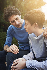 Image showing Family, father and son have conversation in backyard, bonding with love and care, communication and relationship. Man help by giving teen boy advice at home, outdoor together with trust and support