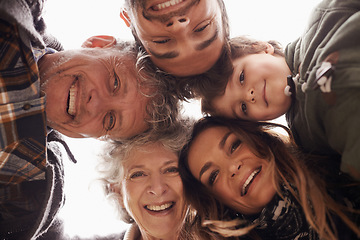 Image showing Faces, smile and below portrait of happy family together on outdoor vacation or holiday feeling excited. Grandparents, happiness and parents in a circle with child or kid for love and care