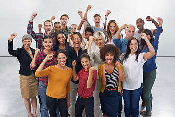 Image showing Success, portrait and group of people fist with power, celebration and crowd hands in solidarity and diversity. Community, winner and excited business women and men cheers, celebrate and yes together