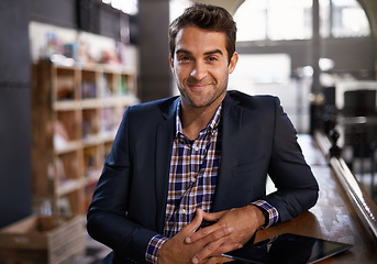 Image showing Professional man at pub, happy in portrait and relax on a break and leaning against countertop in bistro. Hospitality industry, male business person at restaurant with smile on face and confidence