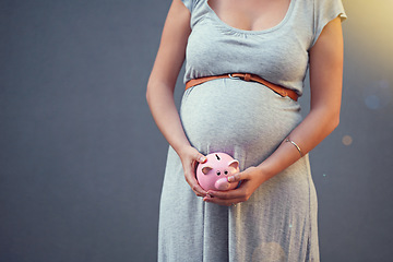 Image showing Pregnant woman, piggy bank and savings for newborn, baby and family investment or money, budget and planning for future finance. Pregnancy, mother and investing cash on studio gray background