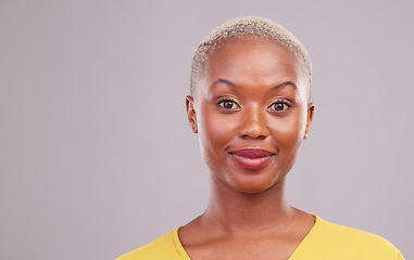 Image showing Portrait, skincare and black woman with makeup, dermatology and confident girl against a grey studio background. Face, female person or happy model with facial cosmetics, luxury and shine with mockup