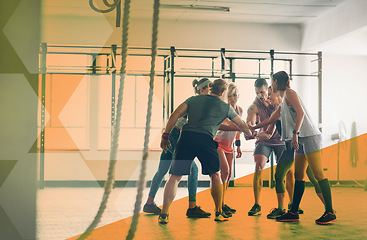 Image showing Hands stacked, fitness and people at gym for exercise, workout and training goals. Athlete men and women team happy together for challenge, motivation or strong community at club with mockup overlay