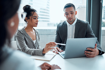 Image showing Business people, laptop and planning strategy for management analysis, training and sales marketing in modern office. Teamwork, employee meeting and corporate discussion with digital tech device