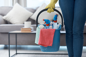 Image showing Chores, product and hands with a bucket for cleaning, cleaner lifestyle and home routine. Housework, apartment and person holding equipment to clean a house for housekeeping and hygiene in the lounge