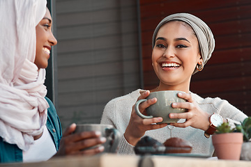 Image showing Friends, coffee and laugh with Muslim women in cafe for conversation, food and social. Happy, relax and culture with portrait of female customer in restaurant for discussion, happiness and meeting