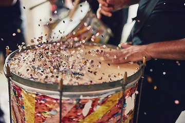 Image showing Music, drums and carnival with a person playing an instrument during a festival in rio de janeiro. Hands, party and brazil with a musician, performer or artist banging on a drum to create a beat