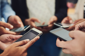 Image showing Business people, phone and hands in networking, social media or data sync together at office. Hand of group holding mobile smartphone for connection, communication or sharing information at workplace