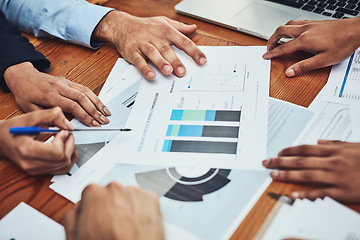 Image showing Business people, hands and meeting in analytics for data, chart or graphs of company statistics at the office. Hand of employee group in corporate analysis for document information or team paperwork