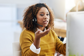 Image showing Virtual assistant, crm or woman in call center consulting, speaking or talking at customer services office. Communication, explain or sales consultant in telemarketing or telecom company help desk