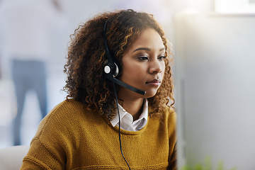 Image showing Communication, computer or woman typing in call center consulting online at customer services help desk. Focus, crm agent or biracial girl consultant in telemarketing or telecom company in office