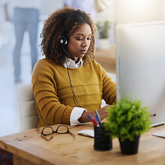 Image showing Virtual assistant, crm or girl typing in call center consulting online at customer services help desk. Chat, computer or biracial woman consultant in telemarketing or telecom company agency in office