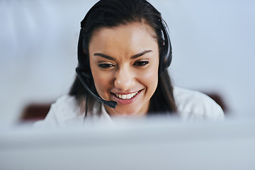 Image showing Face, laughing or happy woman in call center consulting, speaking or talking at customer services. Virtual assistant, friendly or funny sales consultant in telemarketing or telecom company help desk