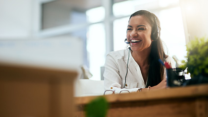 Image showing Laughing, virtual assistant or happy woman in call center consulting, speaking or talking at help desk. Smile, friendly or funny sales consultant in telemarketing customer services or telecom company