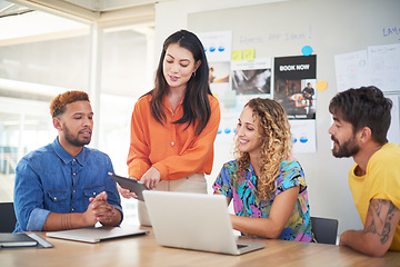 Image showing Digital tablet, meeting and business people with laptop in office for creative, thinking or brainstorming. Team, collaboration and online planning, search and discussion for email marketing idea