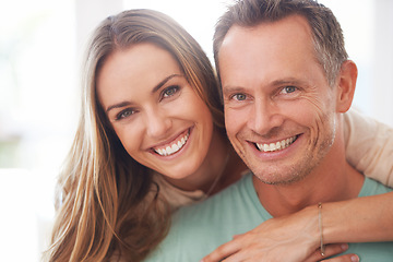 Image showing Portrait, married and couple hug, love and romance with support, happiness and trust at home. Face, man and woman embrace, bonding or partners with joy, smile and romantic with quality time and happy