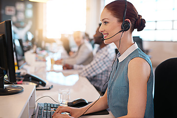 Image showing Call center, telemarketing and woman doing an online consultation in a office with a headset. Crm strategy, contact us and female customer support representative working on computer in the workplace.