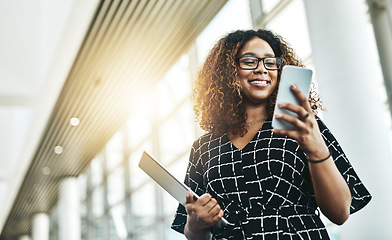 Image showing Business, smile and black woman with a smartphone, typing and connection in the workplace. Female person, employee and consultant with a cellphone, check schedule and search internet for information