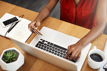 Image showing Business woman, laptop and paying with credit card for online shopping, e-commerce or internet store. Hands of a female entrepreneur at desk for banking, booking or fintech payment on a website