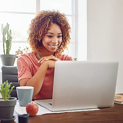 Image showing Happy woman, business student and laptop for planning at desk, technology and internet in agency. Young african female, office intern and working on computer, website and smile for online research