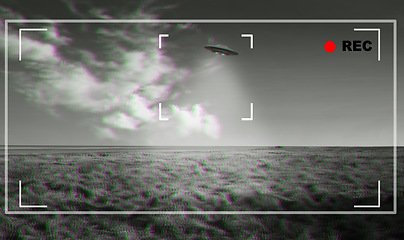 Image showing UFO, alien and viewfinder on a camera display to record a flying saucer in the sky over area 51. Camcorder, sighting and conspiracy with a spaceship on a recording device screen outdoor in nature