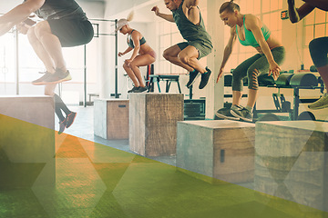 Image showing Fitness, box jump and exercise with people at gym for workout and cross training. Athlete men and women together for power challenge, commitment and strong muscle in a class or club with a overlay