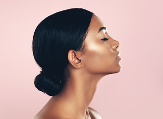 Image showing Makeup, beauty and face of Indian woman for skincare, facial or wellness treatment or dermatology, spa or cosmetics in studio. Girl, selfcare or luxury mockup or isolated profile with skin confidence