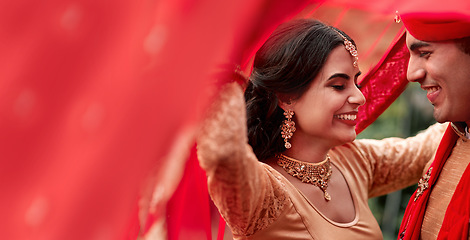 Image showing Happy Indian couple, wedding and smile for love, compassion or romance together with care and joy. Hindu man and woman smiling in joyful happiness for marriage, tradition or red culture celebration