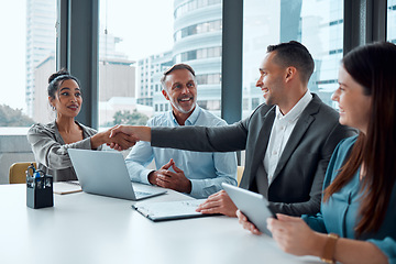 Image showing Business people, handshake and welcome meeting for crm team motivation and hr partnership collaboration in office. Thank you, well done goals and shaking hands for recruitment, hiring and onboarding