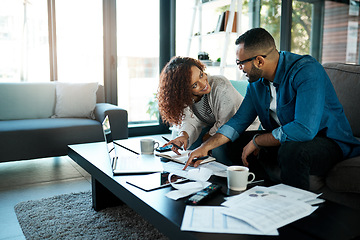 Image showing Couple with budget planning, bills and accounting of home, people with notes to pay loan and mortgage debt. Tax paperwork, man and woman happy with financial review of spending, income and savings