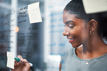 Image showing Business woman, brainstorming ideas on glass board and writing, sticky note with strategy and employee with smile. Face, storyboard and notes with planning, schedule and happy female professional