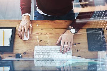 Image showing Software, hologram and hands at computer for coding, data analytics and programming at office desk from above. Closeup, man and developer typing on keyboard, algorithm and overlay of database network