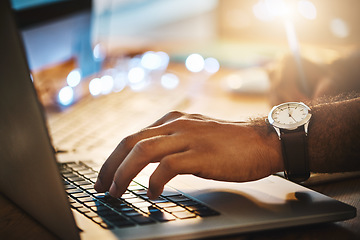 Image showing Hand, office and businessman typing on laptop while doing research for corporate project at night. Planning, professional and closeup of male employee working overtime with computer in the workplace.