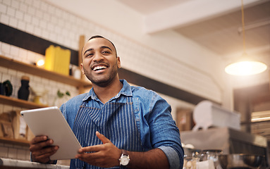 Image showing Waiter, tablet and manager with man in cafe for online, entrepreneurship or startup. African, technology and food industry with small business owner in restaurant for barista, planning or coffee shop