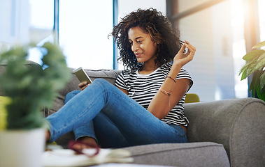 Image showing Relax, phone and happy woman on sofa in home for network, online website and social media. Communication, mobile app and female person on smartphone for chatting, text message and internet connection