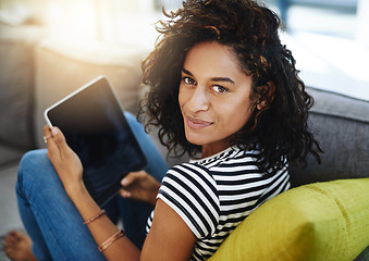 Image showing Relax, tablet and portrait of woman on sofa in home for network, online website and social media. Communication, mobile app and African female person on digital tech for chat, message and internet